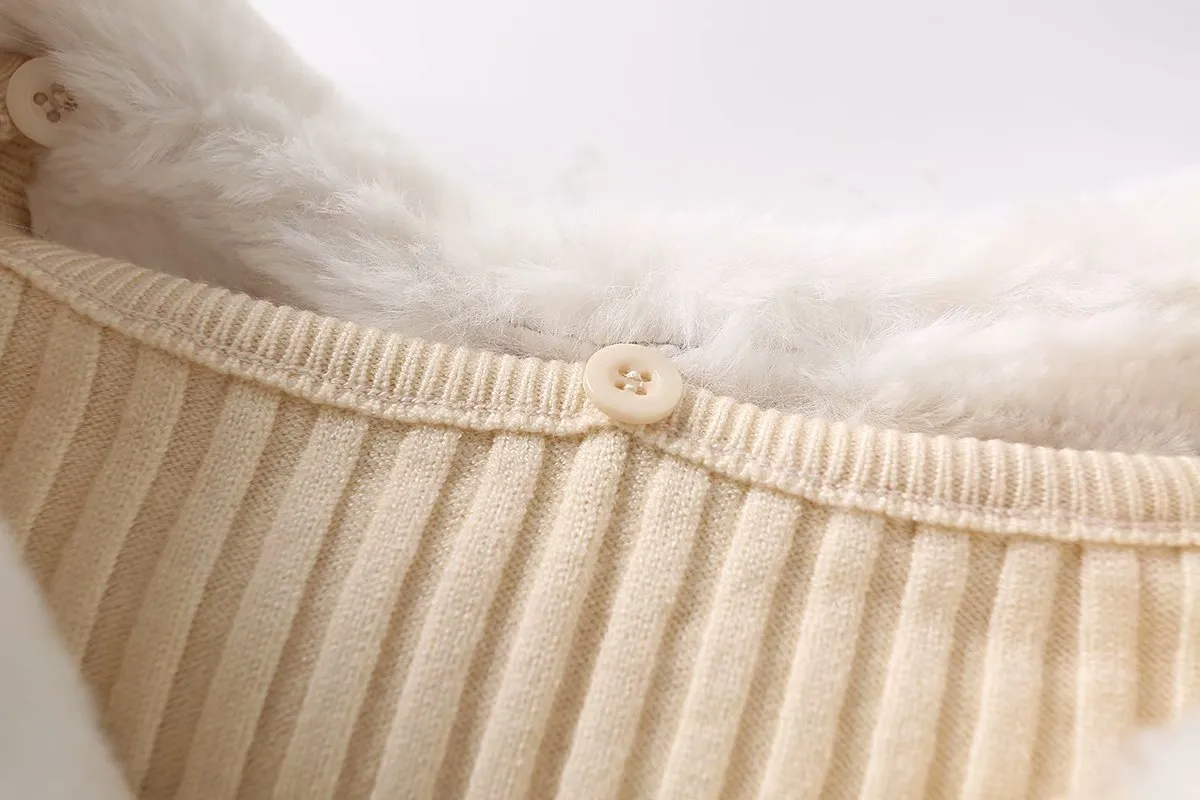 Fur Collar Sleeve Single-breasted Vintage Stripe Cardigan