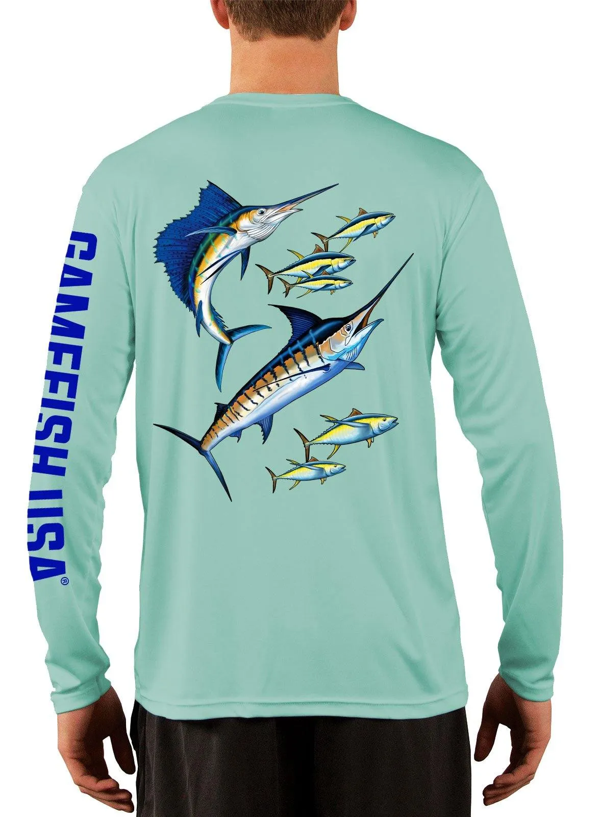 Men's UPF 50 Long Sleeve Microfiber Moisture Wicking Performance Fishing Shirt Marlin & Tuna