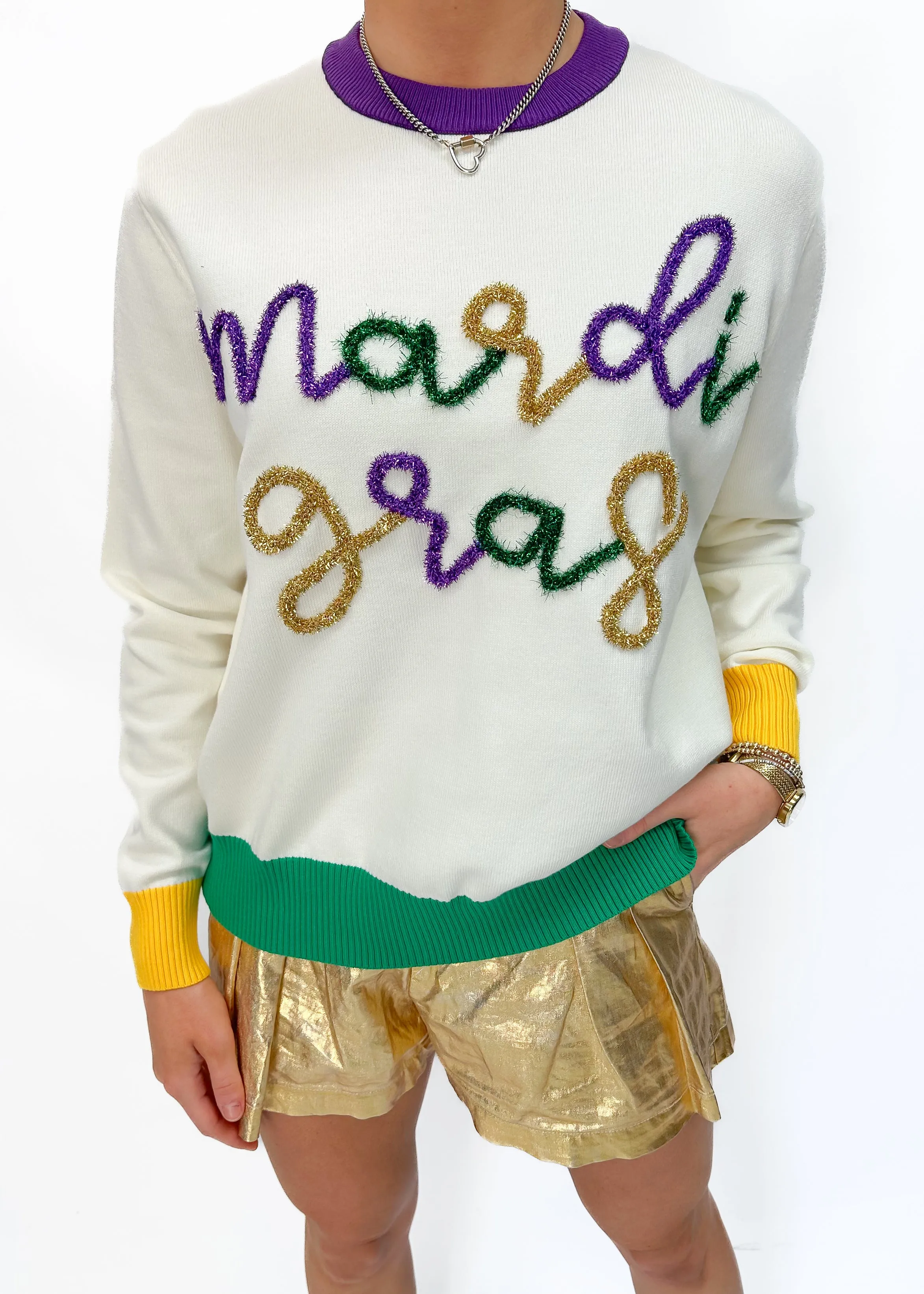Queen of Sparkles Mardi Gras Glitter Script Sweater