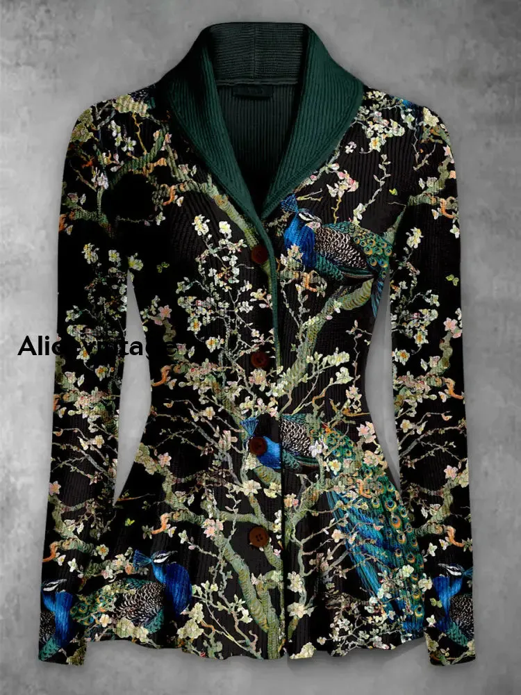 Retro Boho Floral Printed Elegant Lapel V-Neck Button Up Thick Knit Long-Sleeved Cardigan Sweater