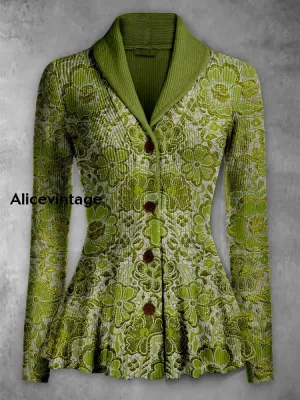 Retro Boho Floral Printed Elegant Lapel V-Neck Button Up Thick Knit Long-Sleeved Cardigan Sweater