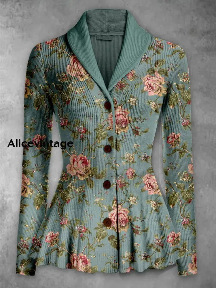 Retro Boho Floral Printed Elegant Lapel V-Neck Button Up Thick Knit Long-Sleeved Cardigan Sweater