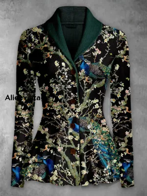 Retro Boho Floral Printed Elegant Lapel V-Neck Button Up Thick Knit Long-Sleeved Cardigan Sweater