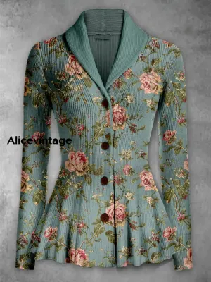 Retro Boho Floral Printed Elegant Lapel V-Neck Button Up Thick Knit Long-Sleeved Cardigan Sweater