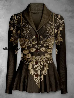 Retro Boho Floral Printed Elegant Lapel V-Neck Button Up Thick Knit Long-Sleeved Cardigan Sweater