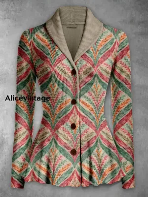 Retro Boho Floral Printed Elegant Lapel V-Neck Button Up Thick Knit Long-Sleeved Cardigan Sweater