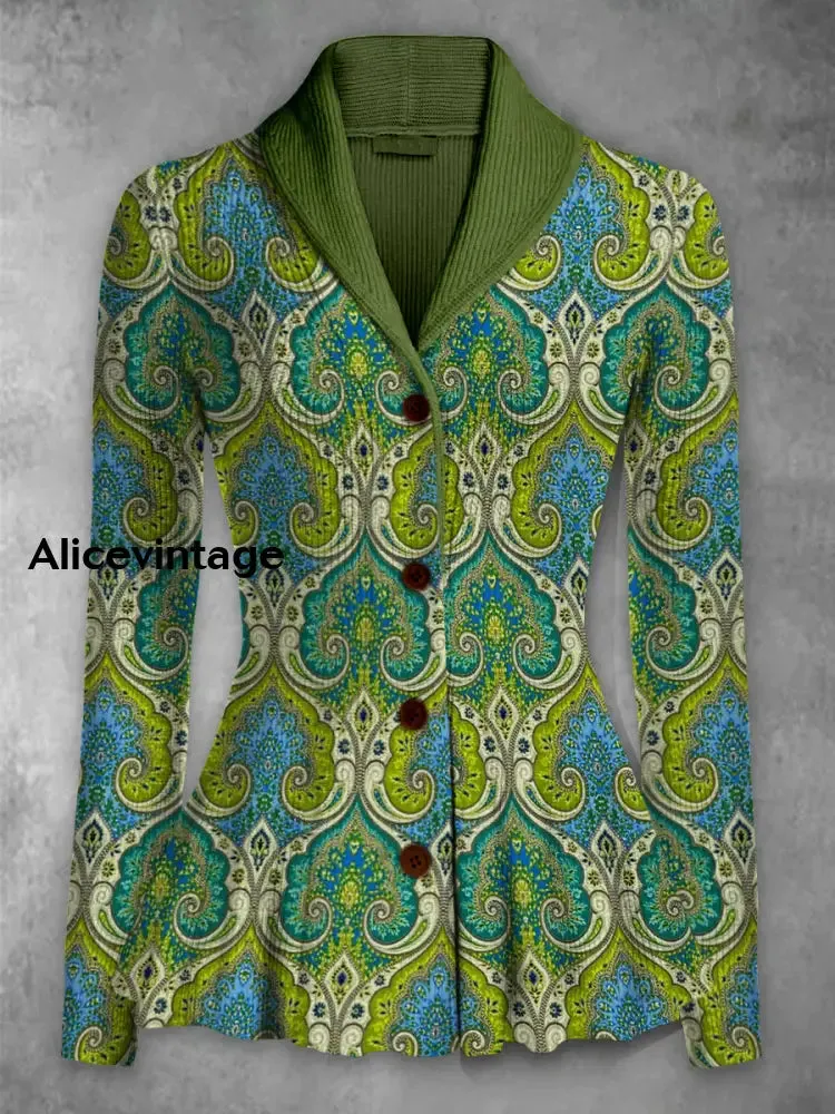 Retro Boho Floral Printed Elegant Lapel V-Neck Button Up Thick Knit Long-Sleeved Cardigan Top