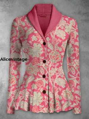 Retro Boho Floral Printed Elegant Lapel V-Neck Button Up Thick Knit Long-Sleeved Cardigan Top