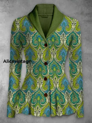 Retro Boho Floral Printed Elegant Lapel V-Neck Button Up Thick Knit Long-Sleeved Cardigan Top