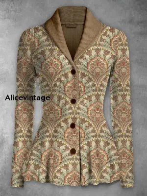 Retro Floral Print Vintage Elegant Lapel V-Neck Button Up Long Sleeve Top