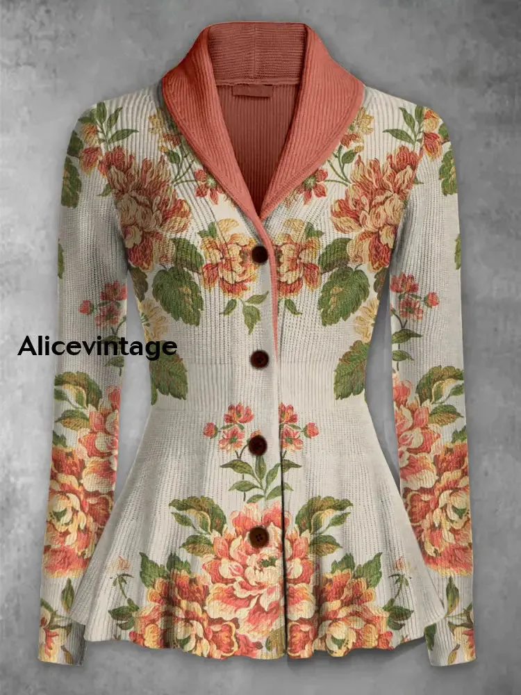 Retro Floral Print Vintage Elegant Lapel V-Neck Button Up Long Sleeve Top
