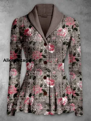 Retro Floral Print Vintage Elegant Lapel V-Neck Button Up Long Sleeve Top