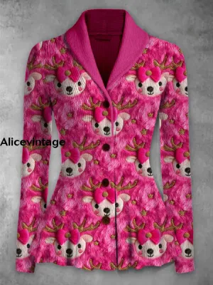 Retro Floral Printed Elegant Lapel V-Neck Button Up Thick Knit Long-Sleeved Cardigan Top