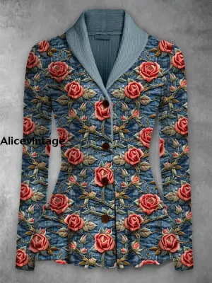 Retro Floral Printed Elegant Lapel V-Neck Button Up Thick Knit Long-Sleeved Cardigan Top