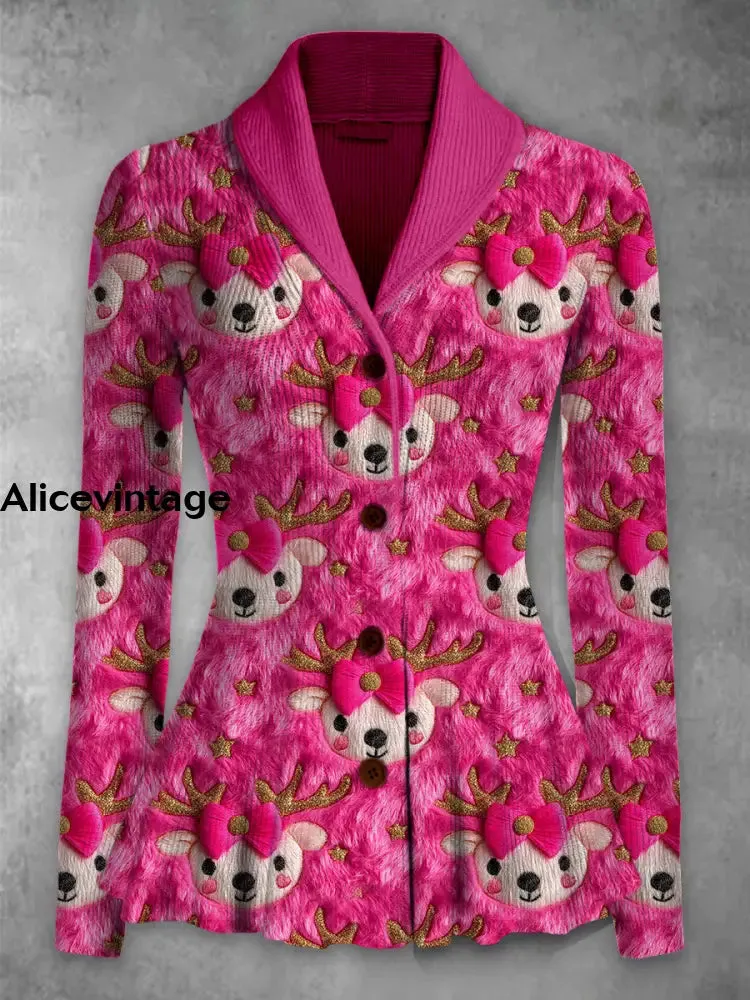 Retro Floral Printed Elegant Lapel V-Neck Button Up Thick Knit Long-Sleeved Cardigan Top