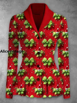Retro Floral Printed Elegant Lapel V-Neck Button Up Thick Knit Long-Sleeved Cardigan Top