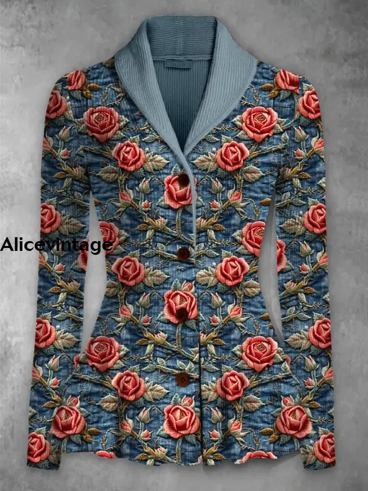 Retro Floral Printed Elegant Lapel V-Neck Button Up Thick Knit Long-Sleeved Cardigan Top