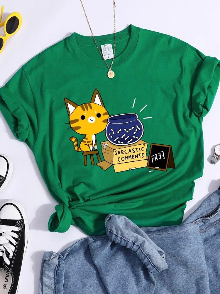 Sarcastic Comments Kawaii Cat T-Shirt Women Fashion Casual T Shirts Street Hip Hop Crop Top Cool Sport Breathable Female Tshirts