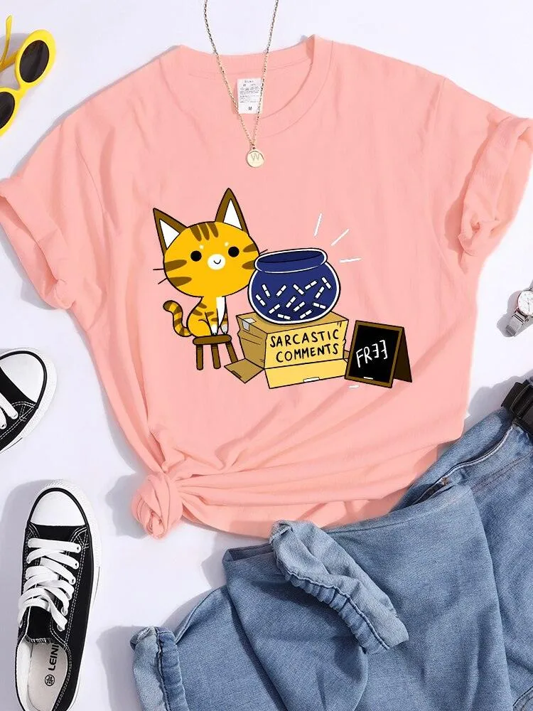 Sarcastic Comments Kawaii Cat T-Shirt Women Fashion Casual T Shirts Street Hip Hop Crop Top Cool Sport Breathable Female Tshirts