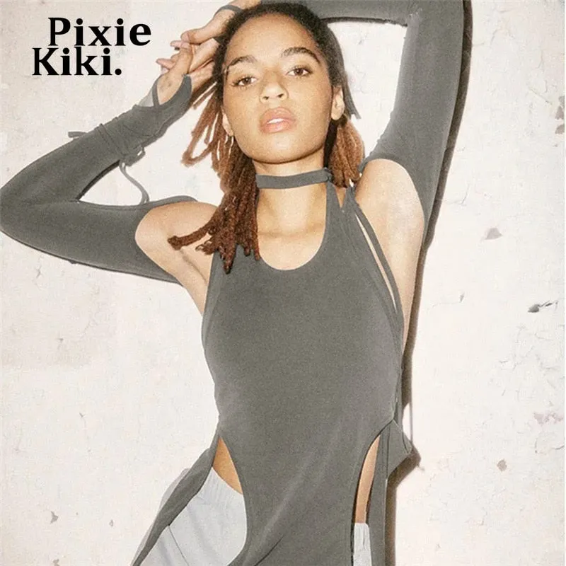 Sexy Fairy Grunge Long Sleeve Y2k Hooded Crop Top Streetwear Strappy Asymmetrical Trendy T Shirts
