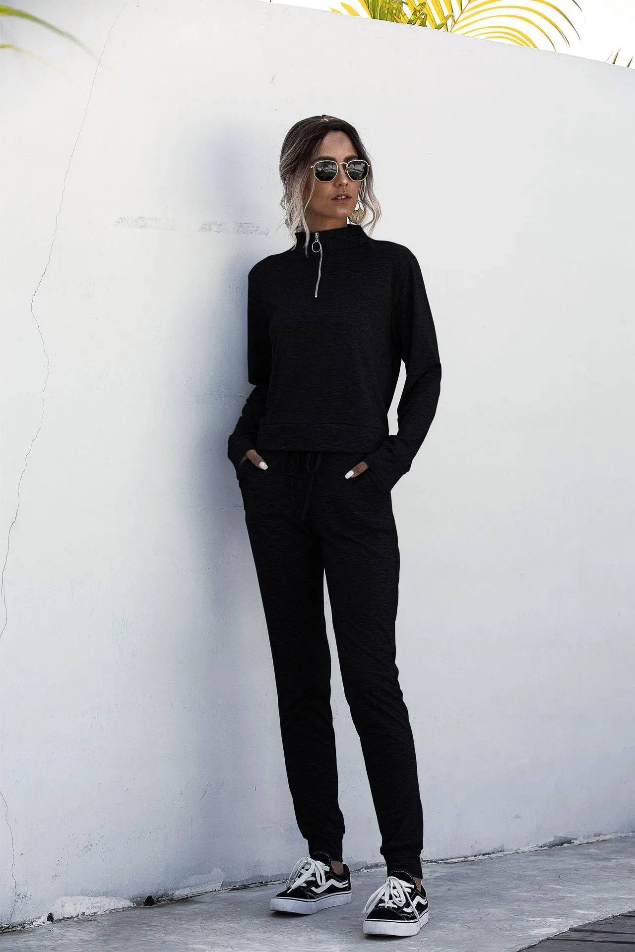 Stand Collar Zipper Two-piece Sports Suit Lace-up Pant