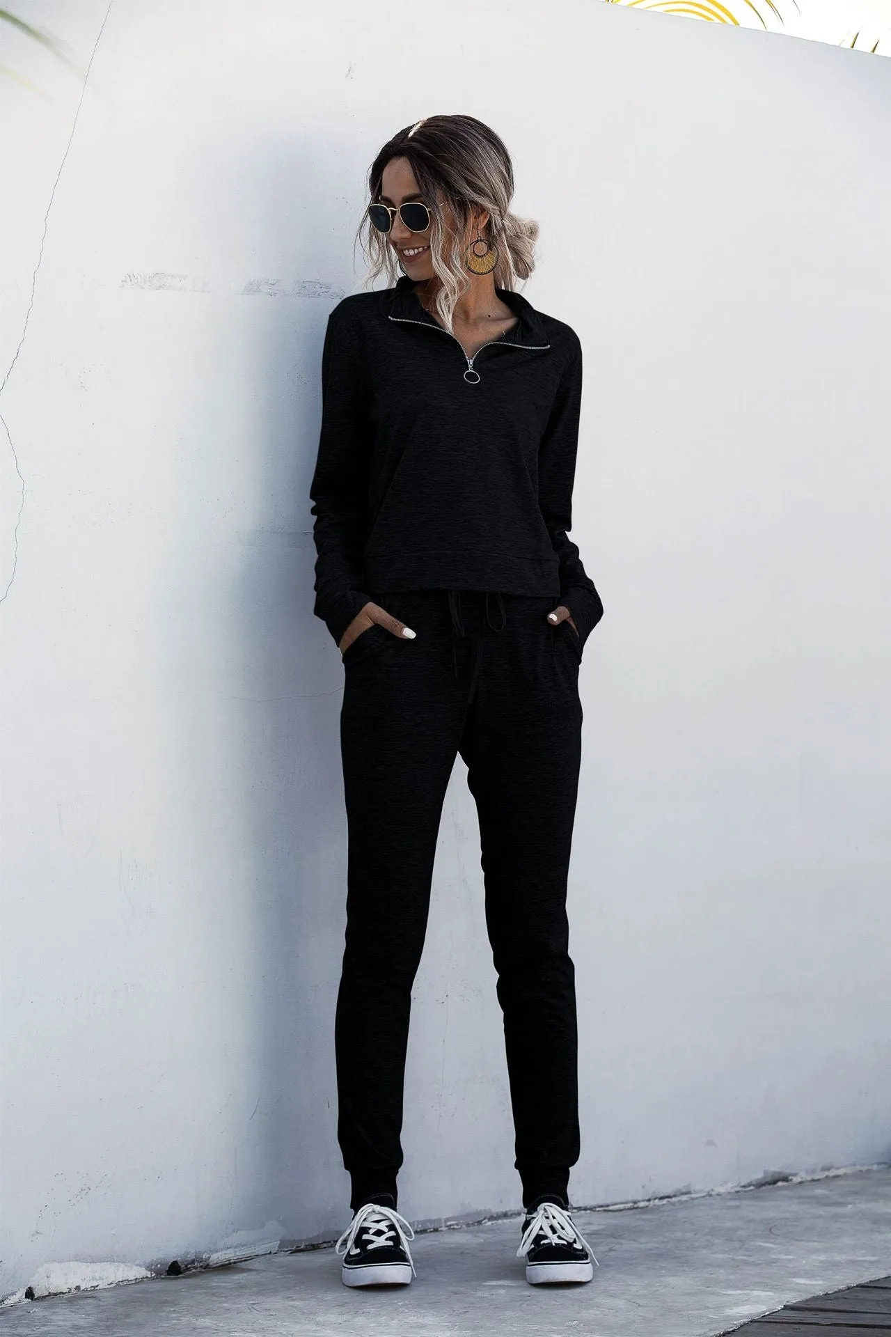 Stand Collar Zipper Two-piece Sports Suit Lace-up Pant
