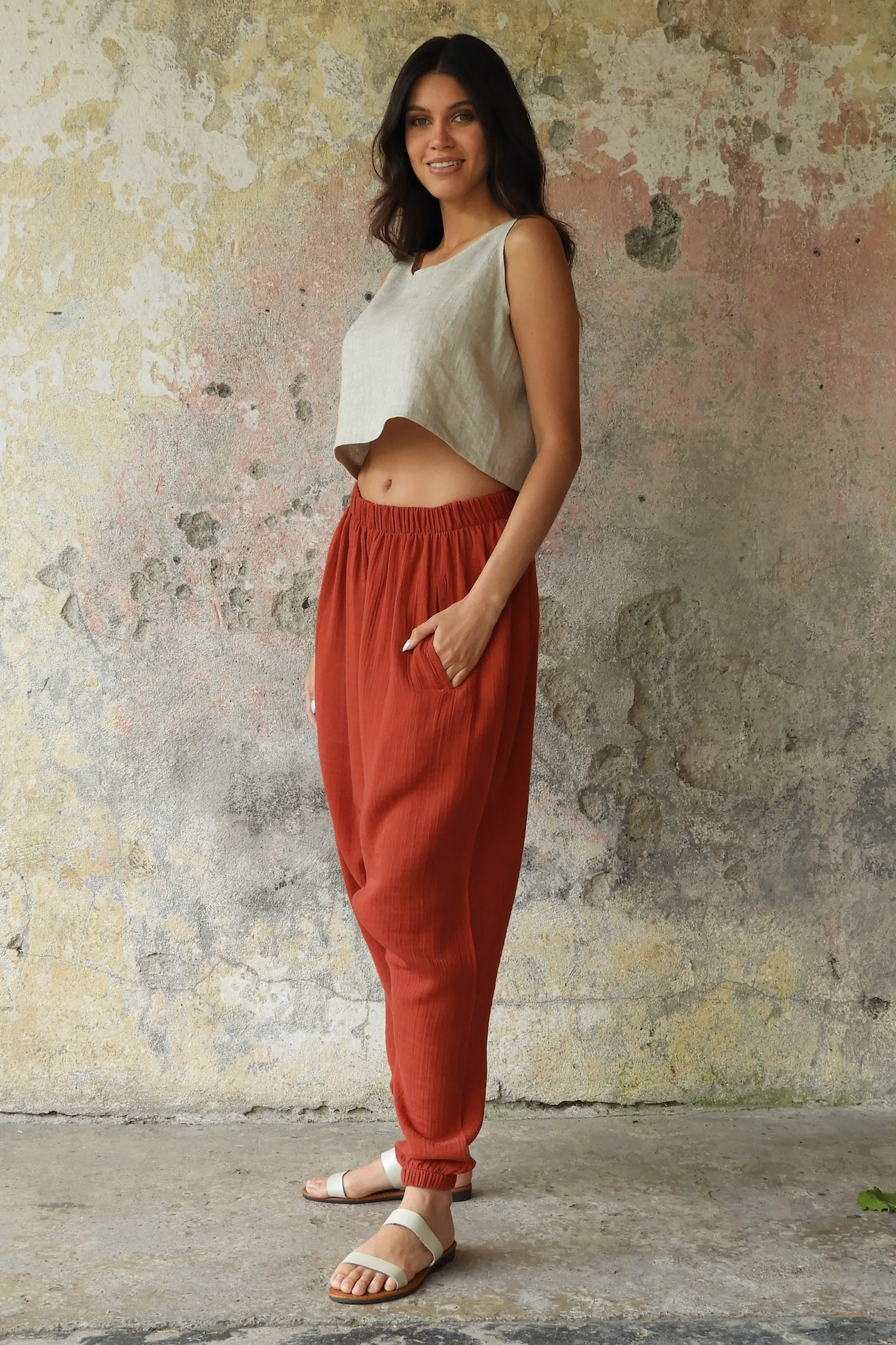 TRIBAL Women's Organic Gauze Cotton Harem Pants (Red, Sage Green)