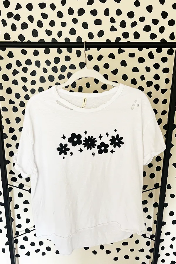Upcycled Black Floral distressed tee - white