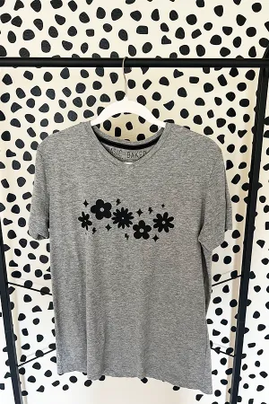 Upcycled Black Floral tee - grey