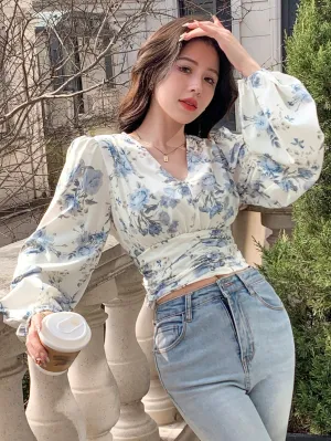 Women's Floral Print V-Neck Short Puff Sleeve Cropped Shirt With Waist-Cinching