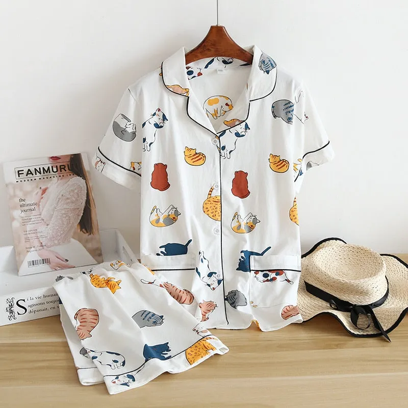 Women's Short-Sleeve Top   Shorts Pajamas Set Cartoon Print Pajamas